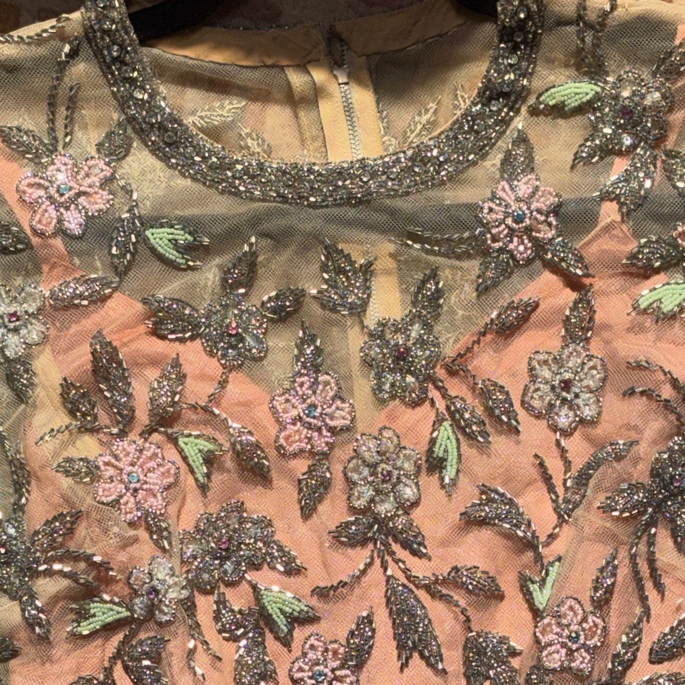 Stunning Vintage handmade Peach Floral with Sheer Beaded Overlay - Picture 12 of 16